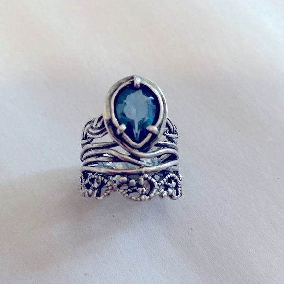 Blue Topaz 925 Israel Ring OR PAZ Bali Style Ring Double Band Open Shank Sz 5.5 - Picture 1 of 8